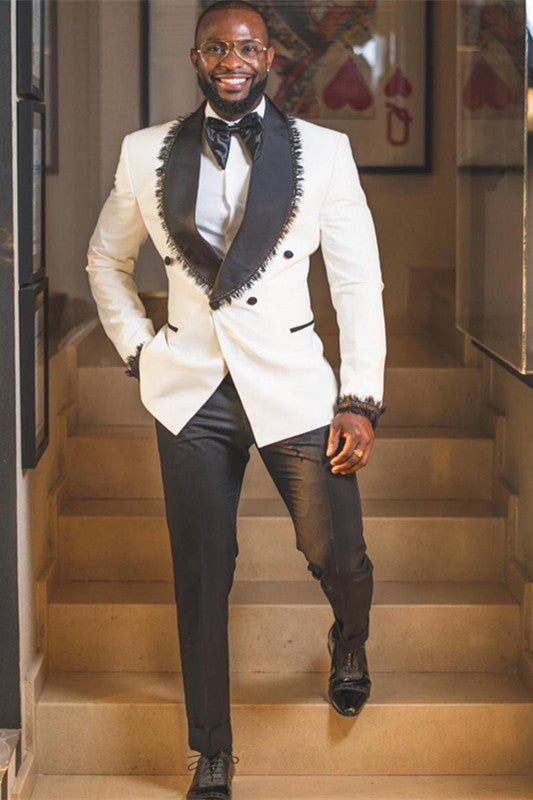 Latest Ivory Double Breasted Shawl Lapel Wedding Suits with Fringes
