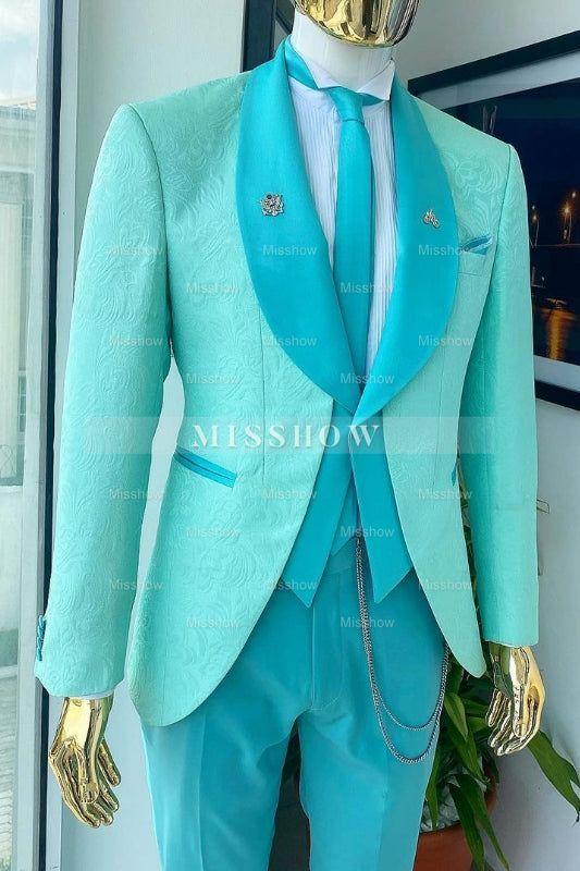 Latest Mint Shawl Collar Jacquard Wedding Ensemble For Men