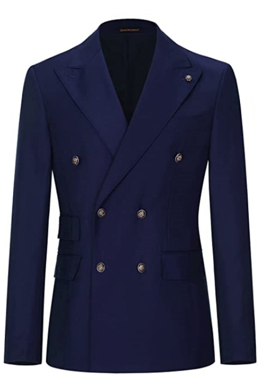 Latest Navy Blue Peak Lapel Double-Breasted Business Suit