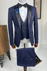 Latest Navy Blue Peaked Lapel Three-Piece Prom Suit For Men
