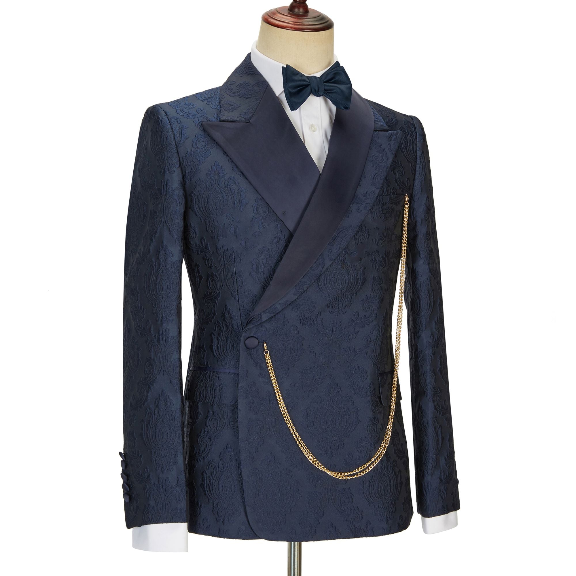 Latest Navy Blue Slim Fit Jacquard Peaked Lapel Wedding Men’s Attire
