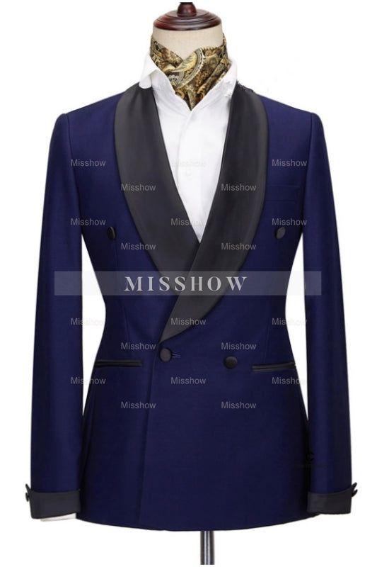 Latest Navy Blue Wedding Suit With Black Shawl Collar