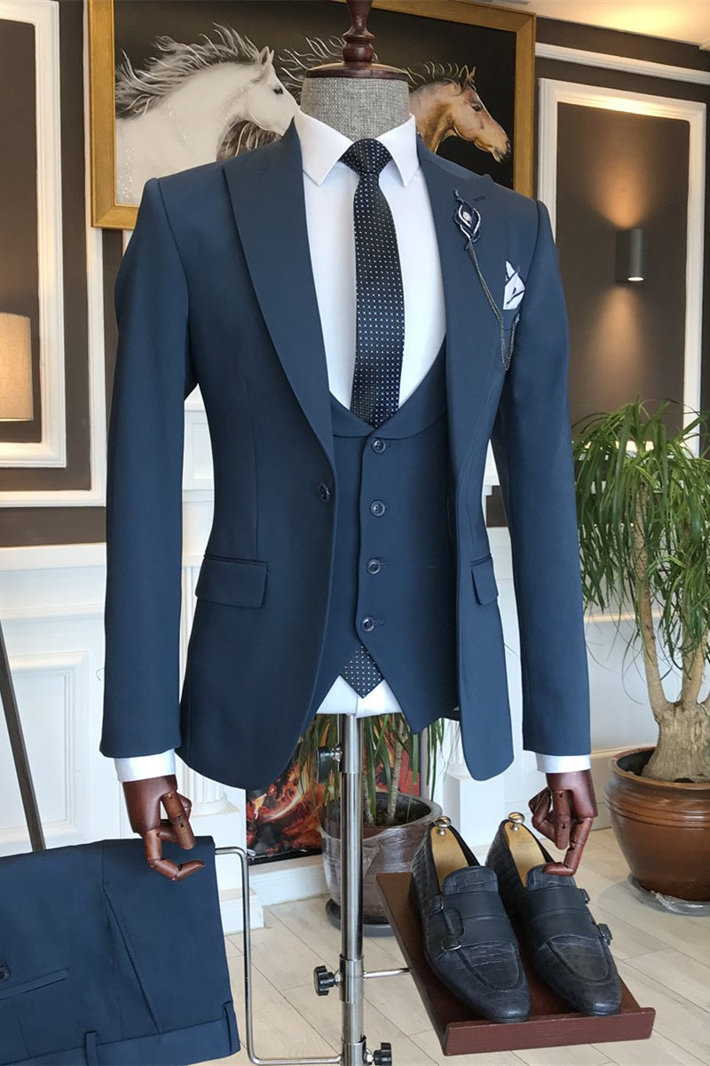 Latest Navy Peaked Lapel Three-Piece Business Men’s Suit