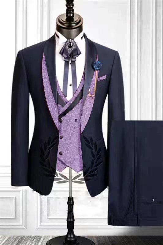 Latest Navy Shawl Lapel Three-Piece Fashion Men’s Suits
