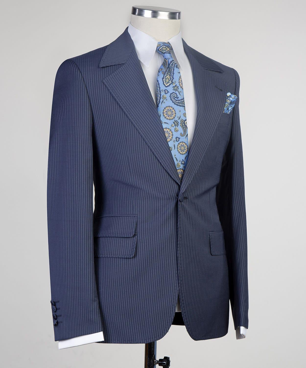 Latest Navy Striped Notched Lapel Three-Piece Men’s Suits