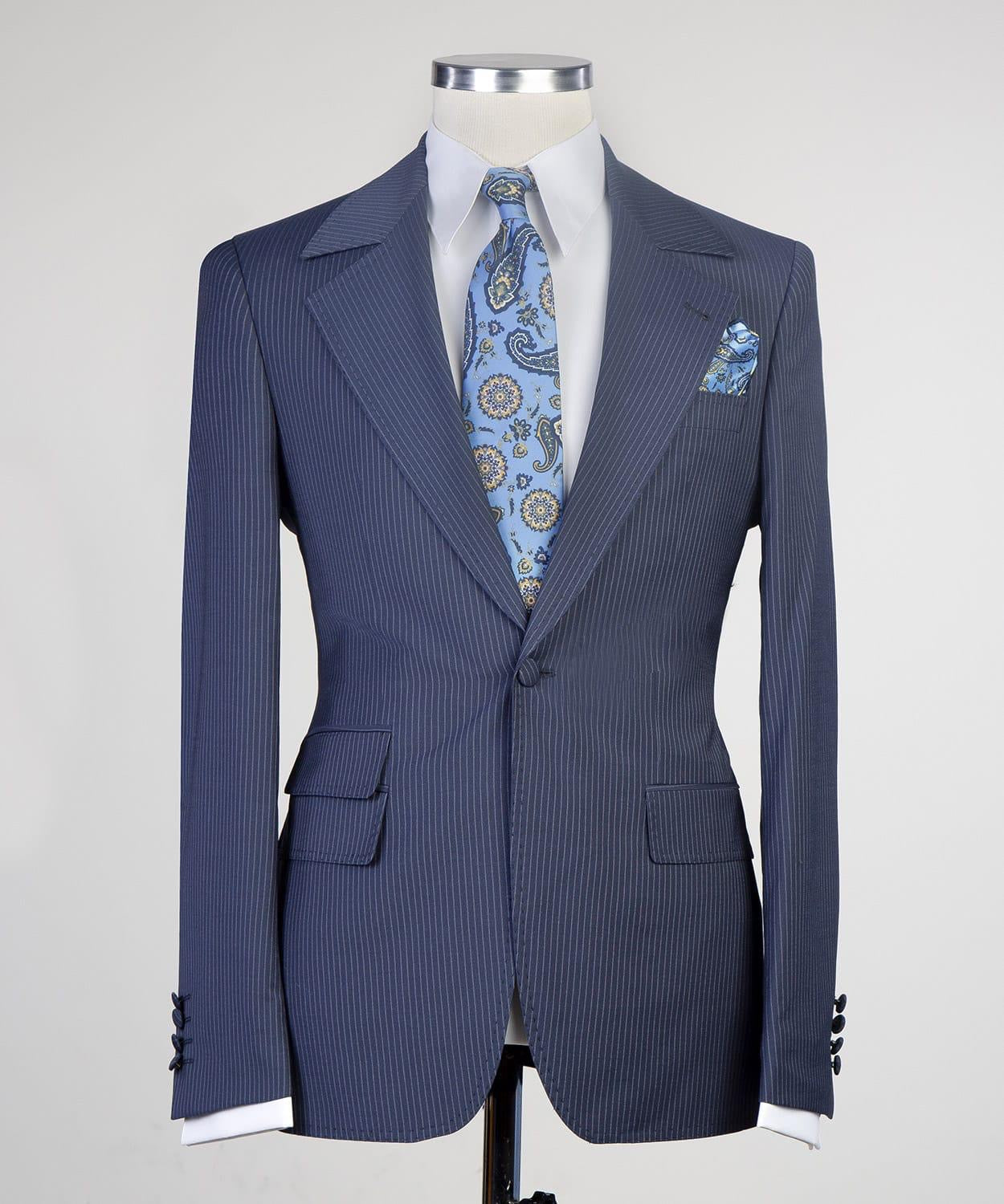 Latest Navy Striped Notched Lapel Three-Piece Men’s Suits