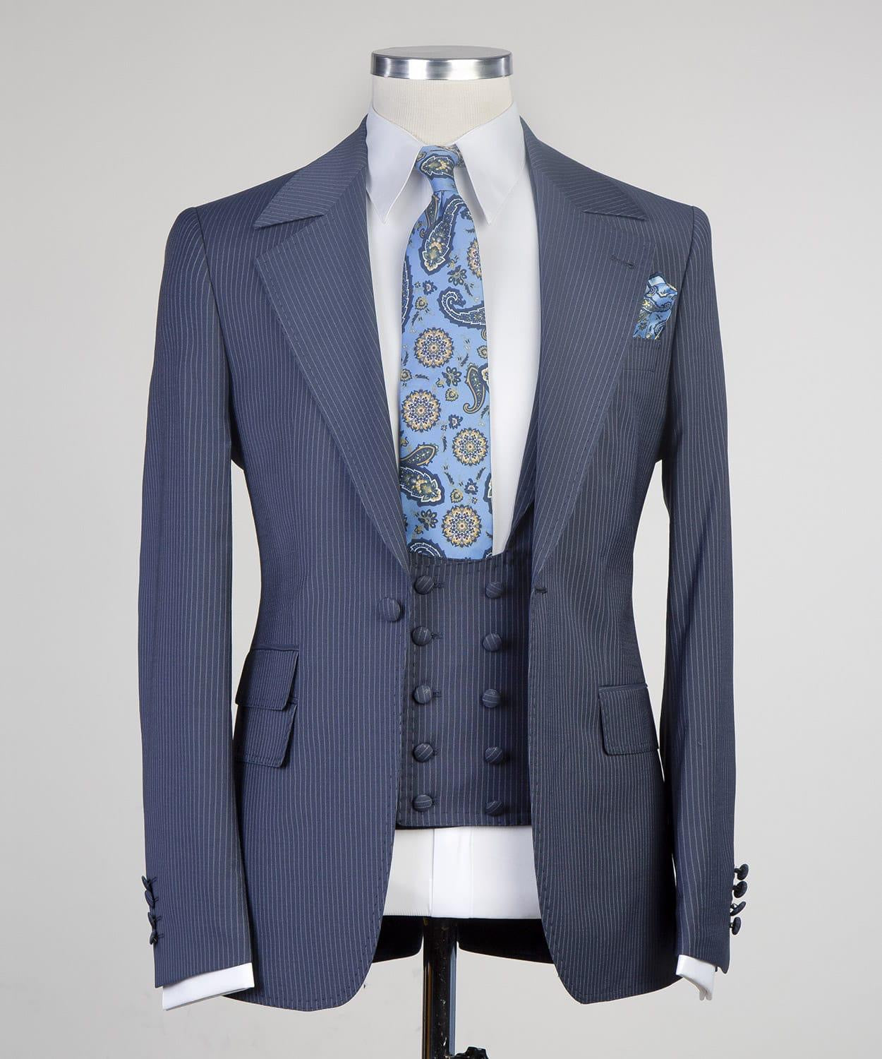 Latest Navy Striped Notched Lapel Three-Piece Men’s Suits
