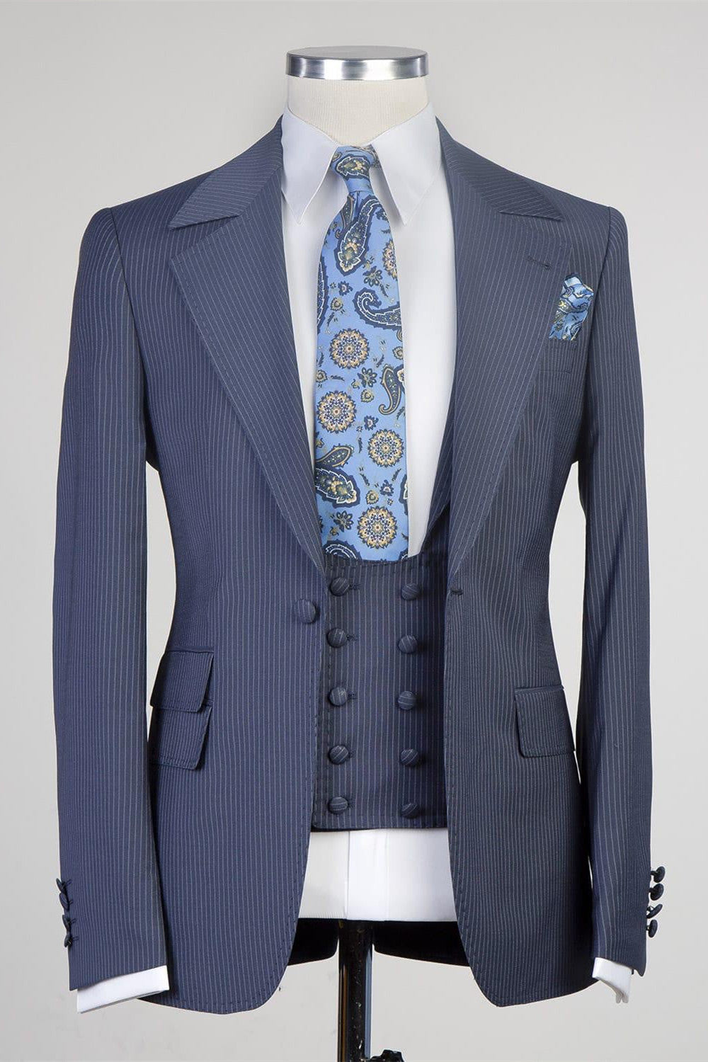 Latest Navy Striped Notched Lapel Three-Piece Men’s Suits