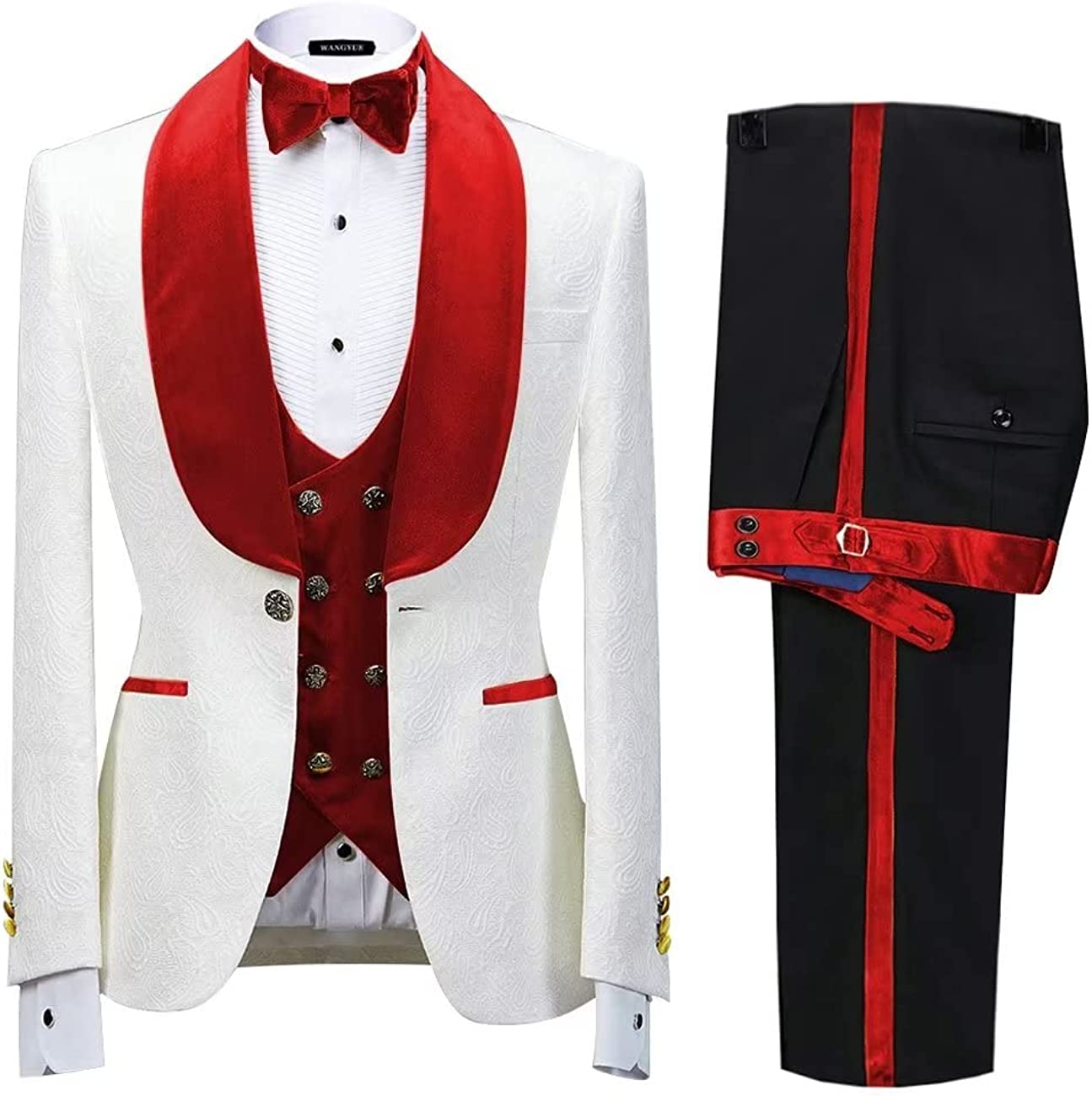 Latest Red Shawl Collar Three-Piece Jacquard Groom's Suit