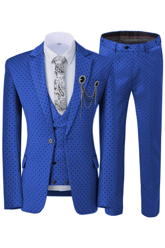 Latest Royal Blue Notched Lapel Three-Piece Prom Suit With Black Dots
