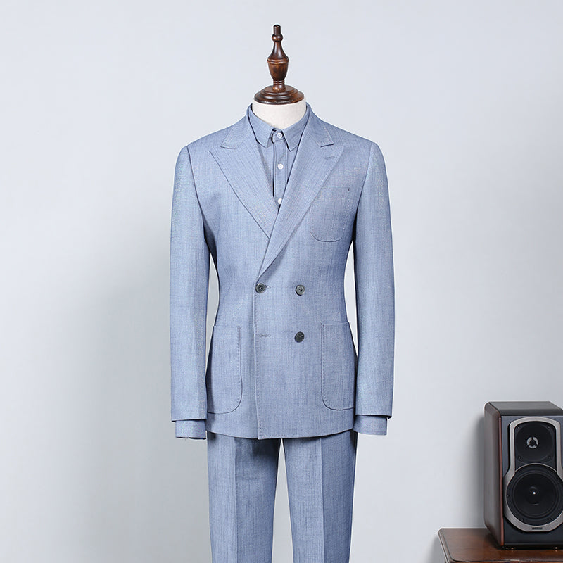 Latest Sky Blue Plaid Peak Lapel Tailored Men’s Suit