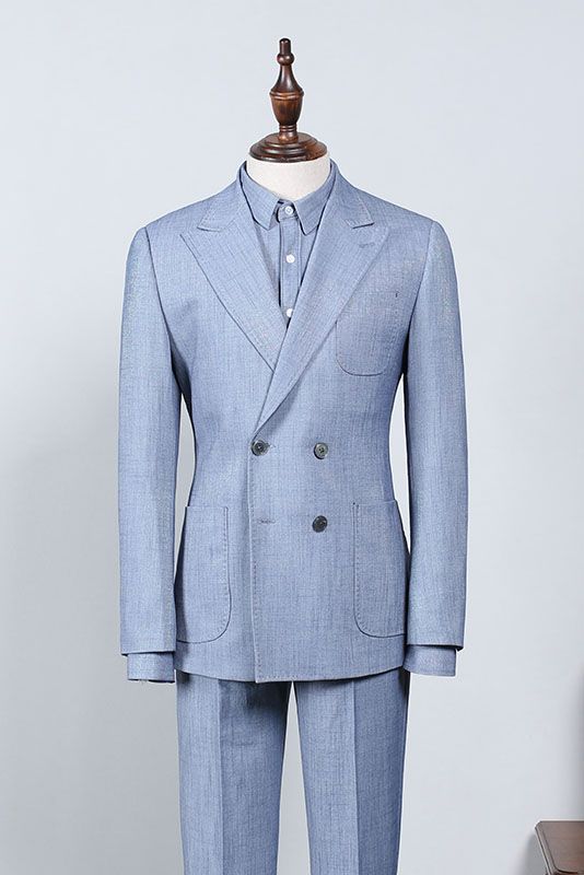 Latest Sky Blue Plaid Peak Lapel Tailored Men’s Suit