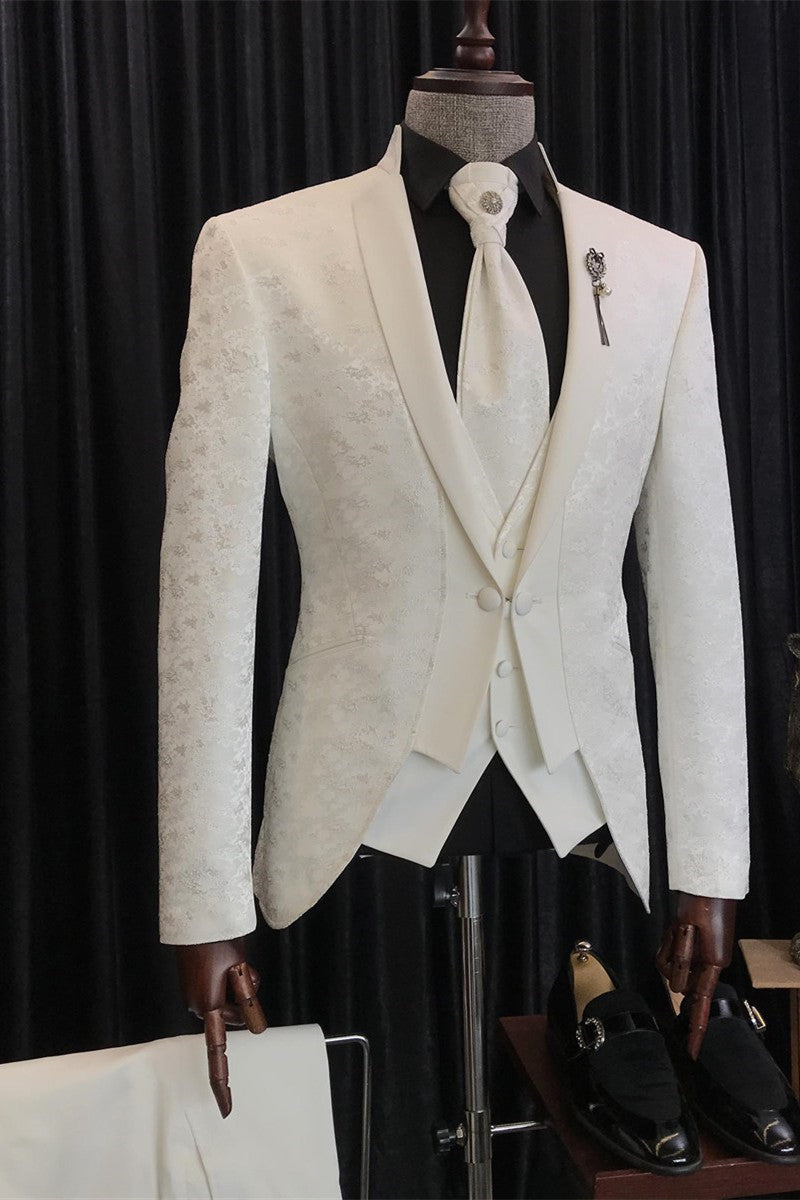 Latest White Jacquard 3-Piece Wedding Suits with Unique Lapel Design