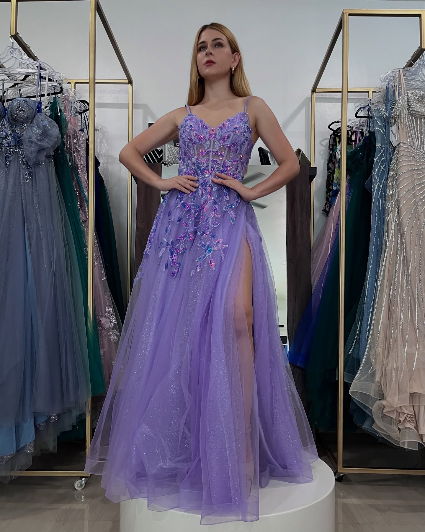 Lavender Glitter Tulle A-Line Evening Dress Spaghetti Straps V-Neck Sheer Corset Butterfly Floral Sequin Applique High Slit Lace-Up Cutout Back Formal Gown