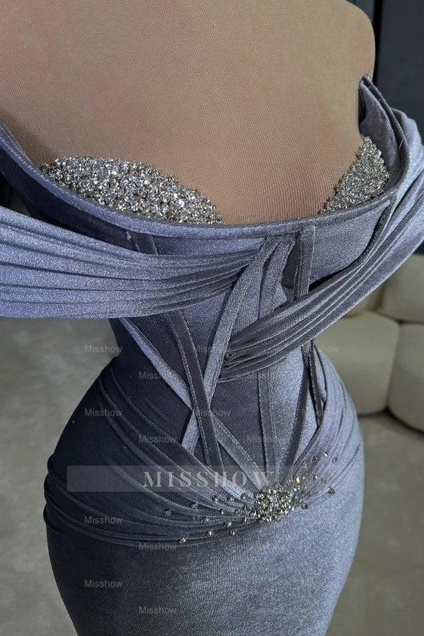 Lavender Off-The-Shoulder Sleeveless Mermaid Velvet Rhinestone Floor Formal Evening Gown