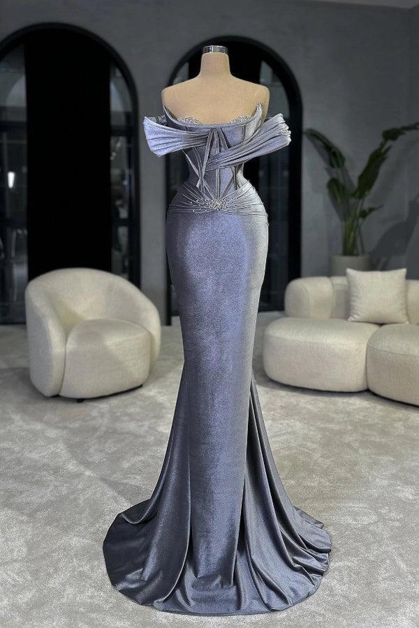 Lavender Off-The-Shoulder Sleeveless Mermaid Velvet Rhinestone Floor Formal Evening Gown