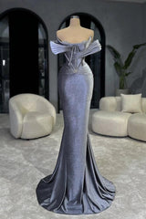 Lavender Off-The-Shoulder Sleeveless Mermaid Velvet Rhinestone Floor Formal Evening Gown