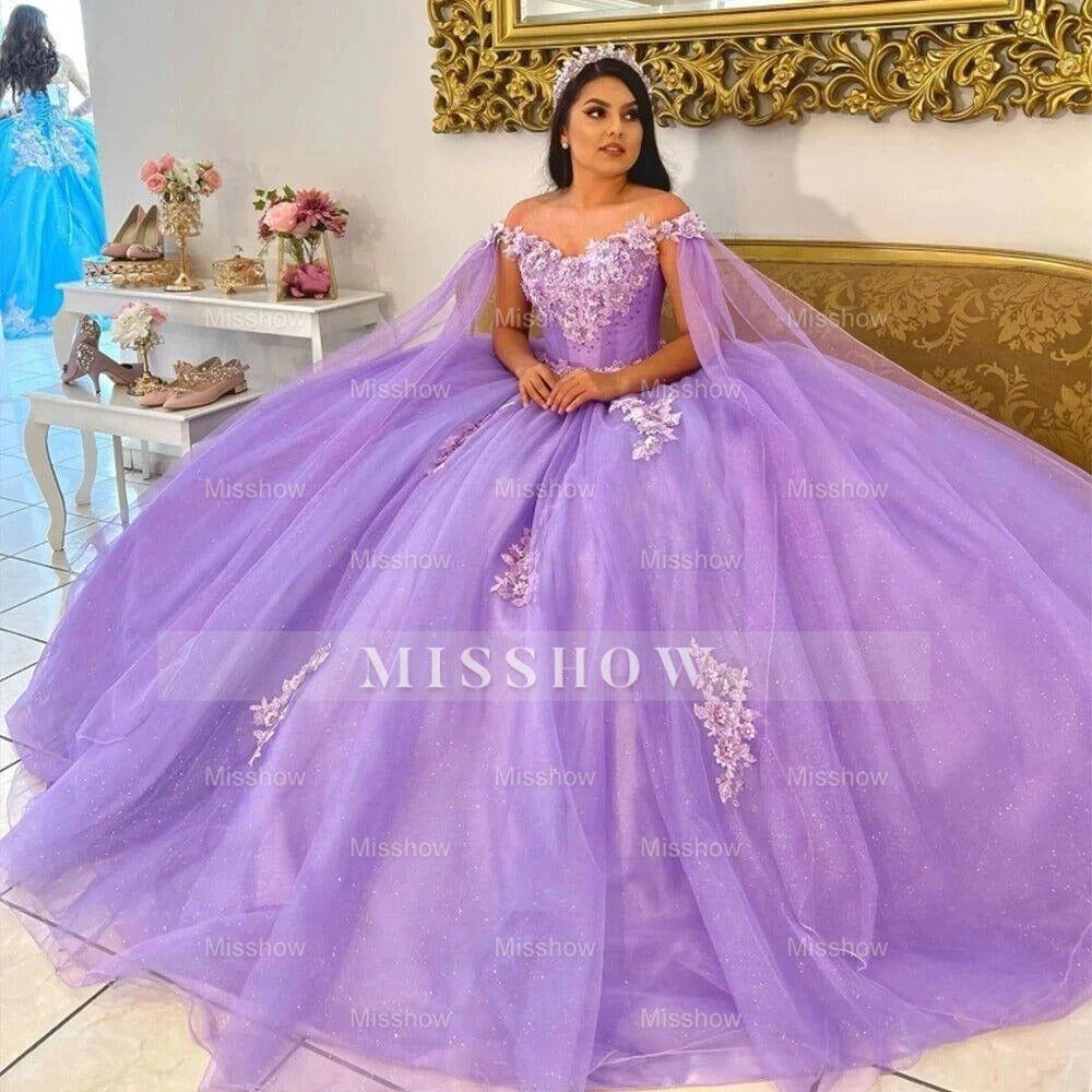 Lavender Off-the-Shoulder Sleeveless Floral Applique Ruffle Ball Gown Quinceanera Dress