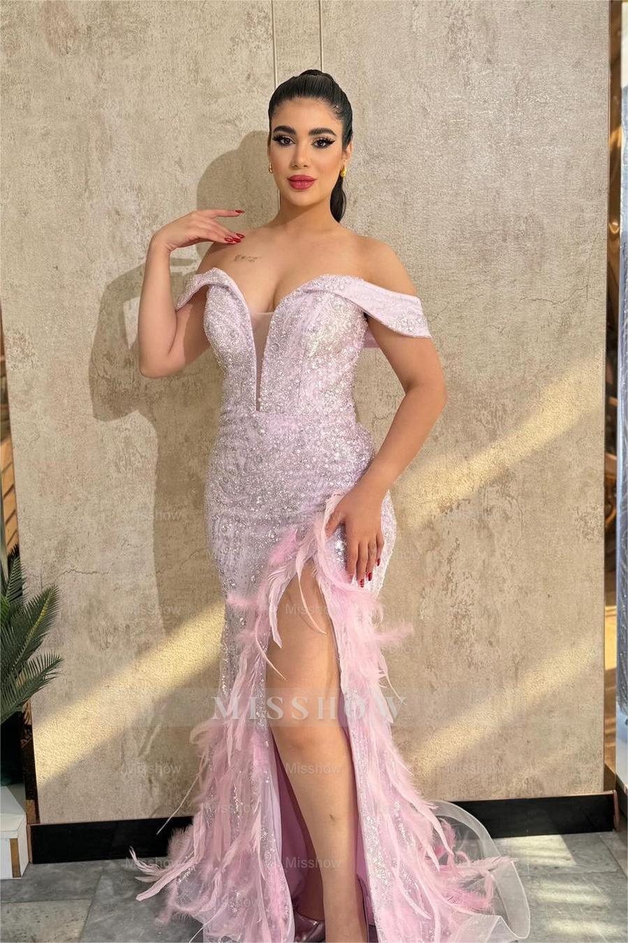 Lavender Off-the-Shoulder Sleeveless Sequined Split Mermaid Feathered Formal Evening Gown