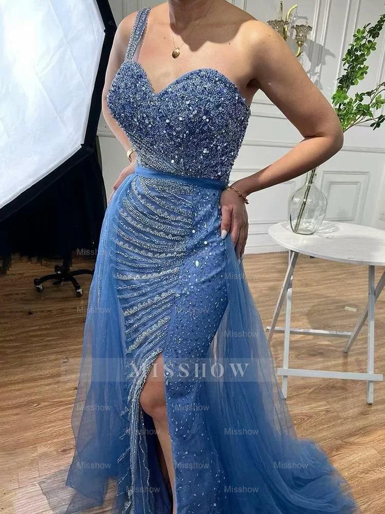 Lavender One Shoulder Beaded Sleeveless Mermaid Tulle Floor Length Formal Evening Gown