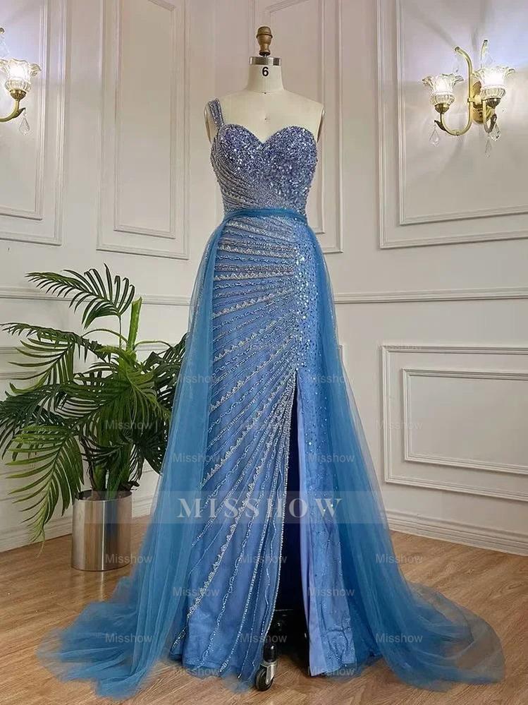 Lavender One Shoulder Beaded Sleeveless Mermaid Tulle Floor Length Formal Evening Gown