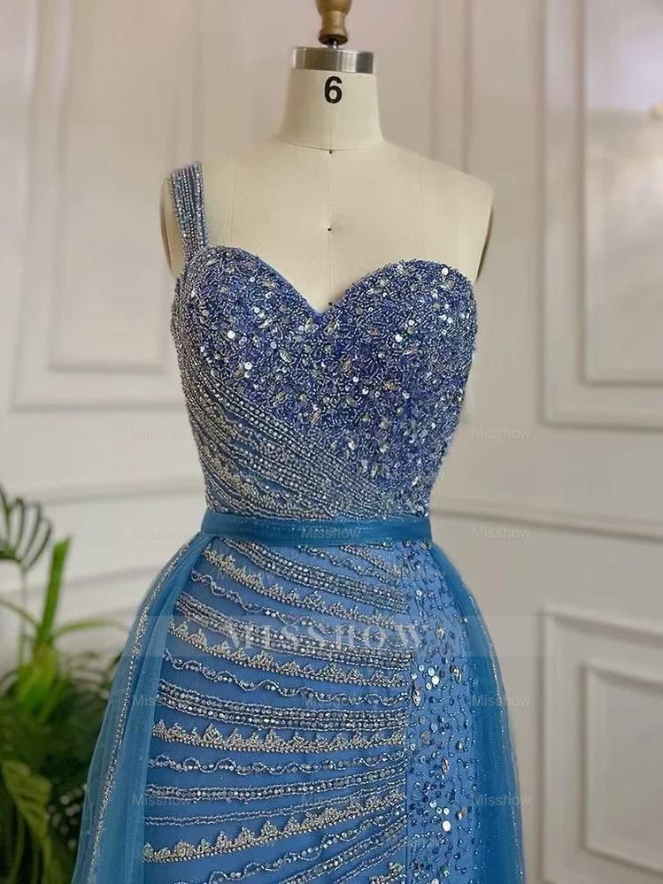 Lavender One Shoulder Beaded Sleeveless Mermaid Tulle Floor Length Formal Evening Gown