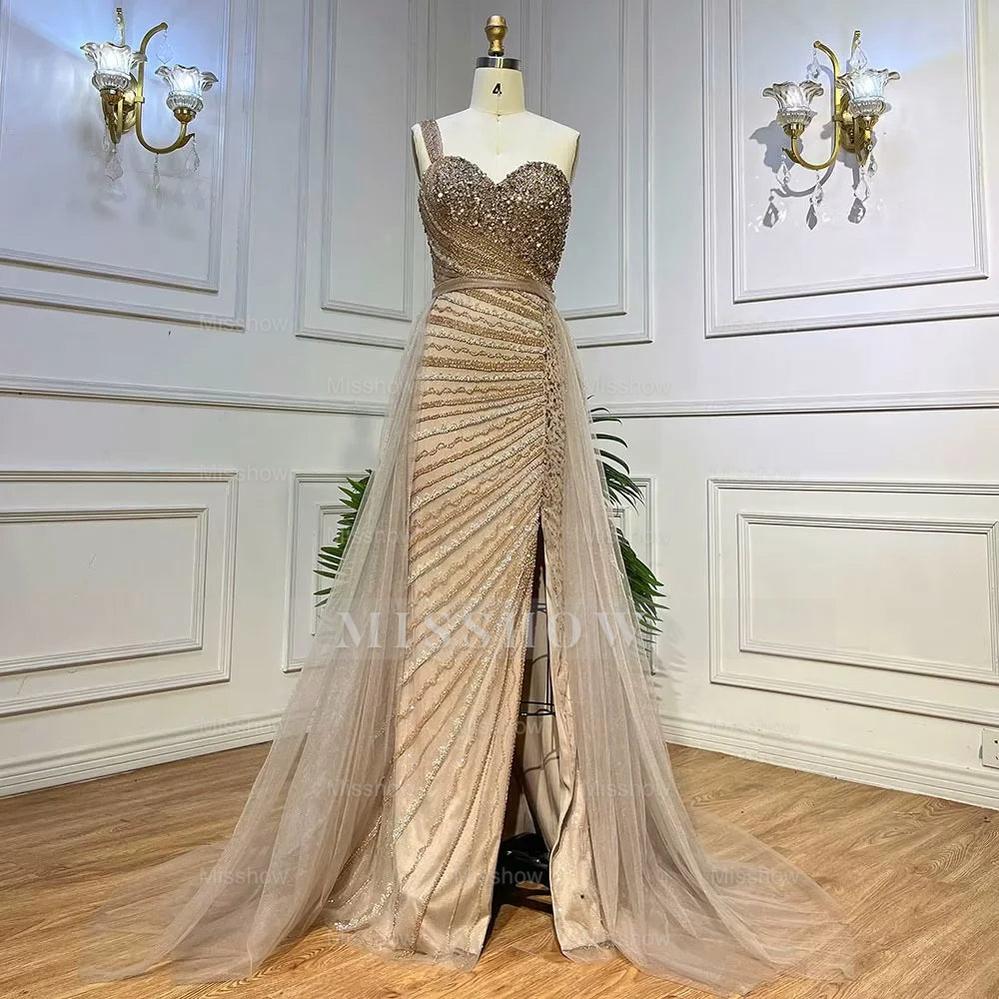 Lavender One Shoulder Beaded Sleeveless Mermaid Tulle Floor Length Formal Evening Gown