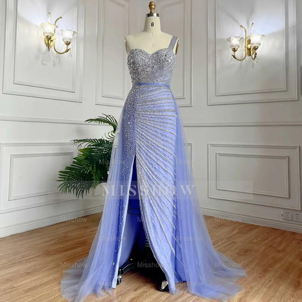Lavender One Shoulder Beaded Sleeveless Mermaid Tulle Floor Length Formal Evening Gown