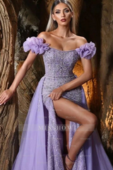 Lavender Rhinestone Off the Shoulder Sleeveless Mermaid Sequin Formal Evening Gown