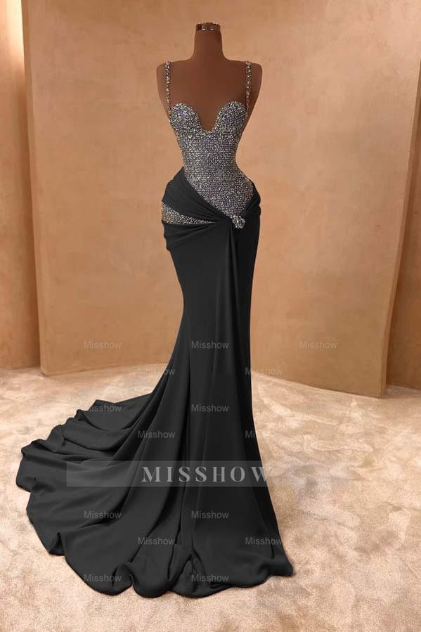 Lavender Rhinestone Sweetheart Sleeveless Beaded Mermaid Satin Formal Evening Gown