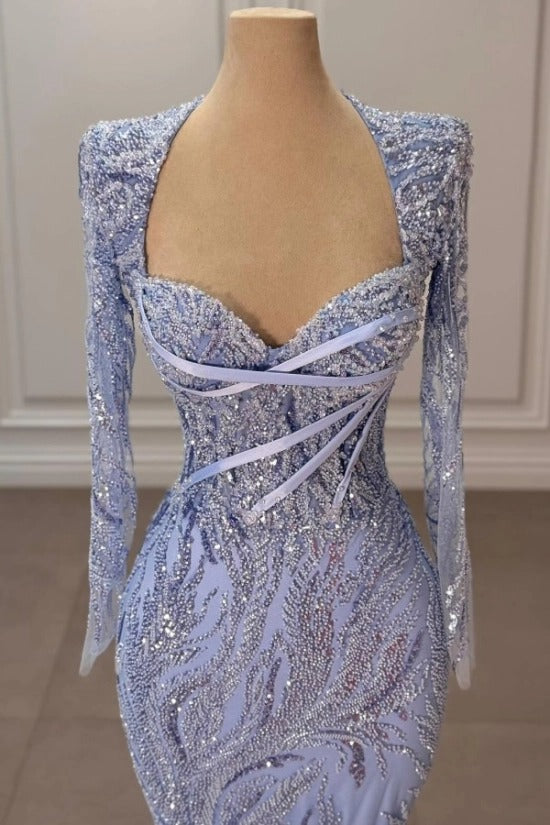 Lavender Sequin Beaded Long Sleeve Mermaid Evening Dress Sweetheart Criss-Cross Ribbon Bodice Formal Gown with Train