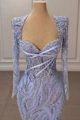 Lavender Sequin Beaded Long Sleeve Mermaid Evening Dress Sweetheart Criss-Cross Ribbon Bodice Formal Gown with Train