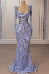 Lavender Sequin Beaded Long Sleeve Mermaid Evening Dress Sweetheart Criss-Cross Ribbon Bodice Formal Gown with Train