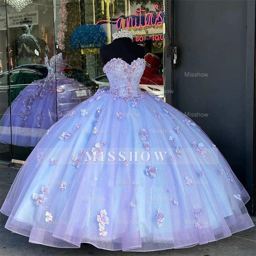 Lavender Sweetheart Long Sleeve 3D Floral Applique Beaded Ball Gown Quinceanera Dress
