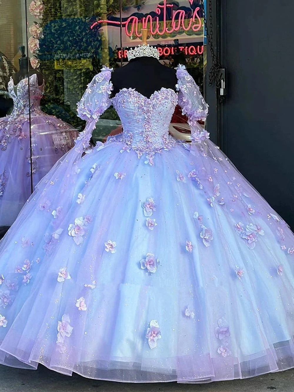 Lavender Sweetheart Long Sleeve 3D Floral Applique Beaded Ball Gown Quinceanera Dress