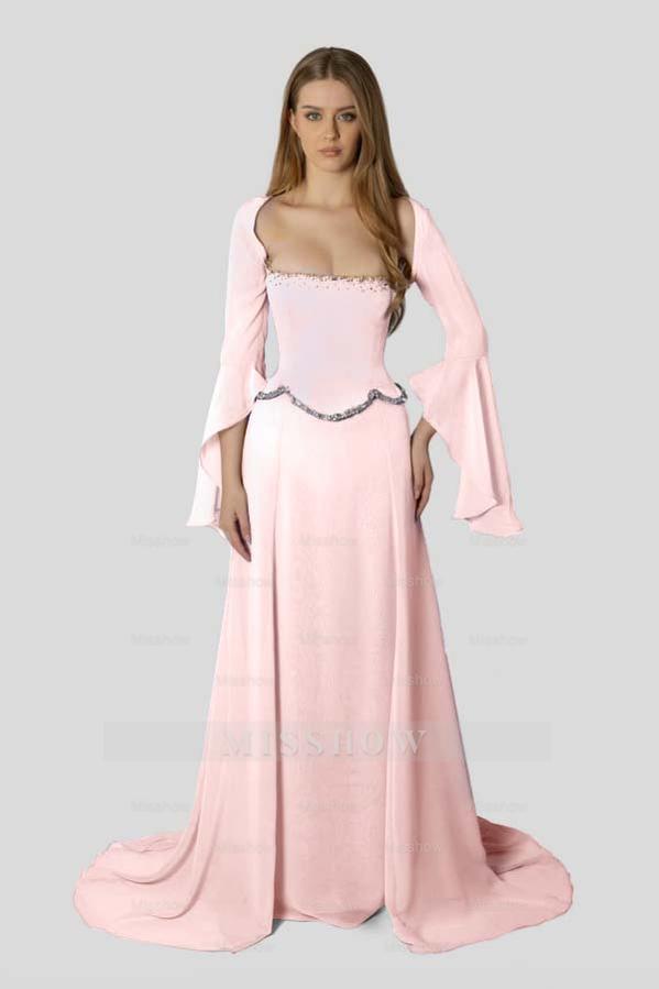 Lavender Sweetheart Long Sleeve A-line Chiffon Beaded Floor Length Formal Evening Dress