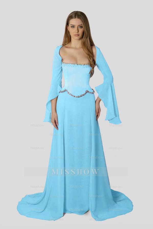 Lavender Sweetheart Long Sleeve A-line Chiffon Beaded Floor Length Formal Evening Dress