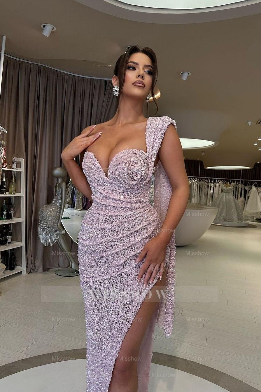 Lavender Sweetheart One-Shoulder Cape Sleeves Sequined Mermaid Floor Formal Evening Gown