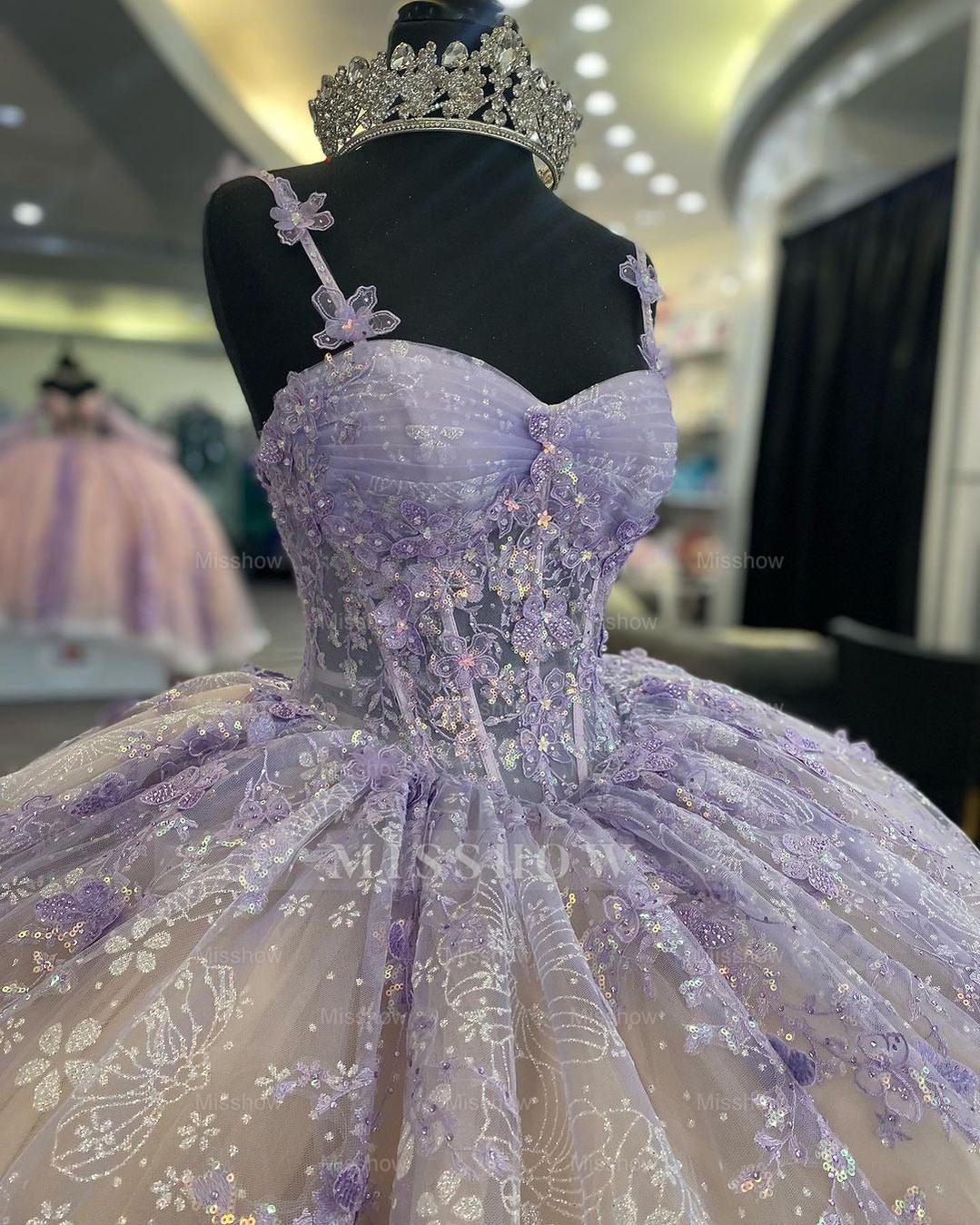 Lavender Sweetheart Sleeveless Floral Applique Beaded Tulle Ball Gown Quinceanera Dress