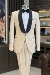 Light Beige Wedding Men's Suit With Black Shawl Collar