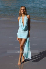 Light Blue Halter Sleeveless Ruched Slit Column Satin Floor Length Formal Evening Gown
