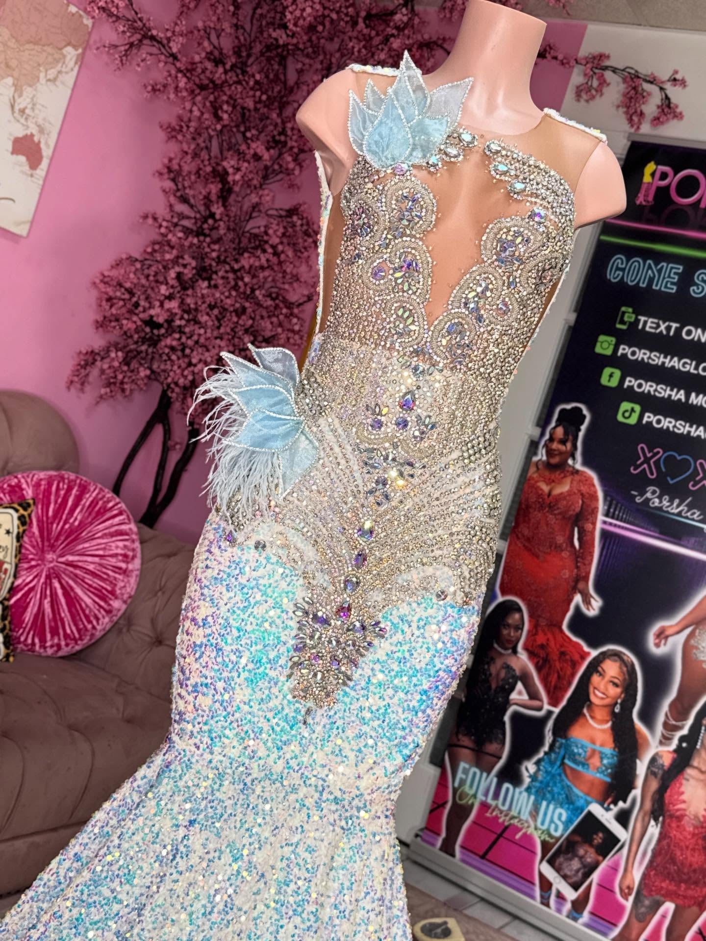 Light Blue Iridescent Sequin Mermaid Prom Dress Illusion Deep V Silver Crystal Baroque Scroll Peacock Feather Swirl Beaded AB Rhinestone 3D Organza Floral Real Feather Cluster Cathedral Train Gown