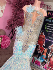 Light Blue Iridescent Sequin Mermaid Prom Dress Illusion Deep V Silver Crystal Baroque Scroll Peacock Feather Swirl Beaded AB Rhinestone 3D Organza Floral Real Feather Cluster Cathedral Train Gown