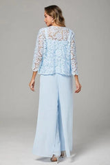 Light Blue Lace 3-Piece Pants Suit Mother of the Bride Dress Square Neck Lace Camisole Top Scallop Hem Wide-Leg Chiffon Pants 3/4 Sleeve Open-Front Lace Jacket Formal Outfit