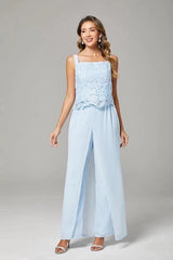Light Blue Lace 3-Piece Pants Suit Mother of the Bride Dress Square Neck Lace Camisole Top Scallop Hem Wide-Leg Chiffon Pants 3/4 Sleeve Open-Front Lace Jacket Formal Outfit