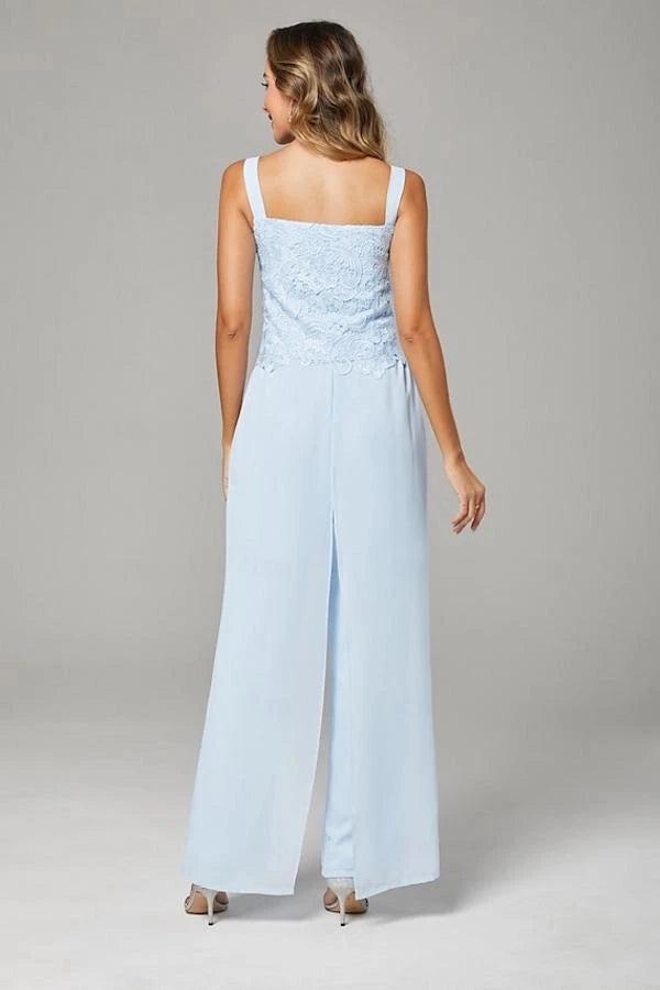 Light Blue Lace 3-Piece Pants Suit Mother of the Bride Dress Square Neck Lace Camisole Top Scallop Hem Wide-Leg Chiffon Pants 3/4 Sleeve Open-Front Lace Jacket Formal Outfit