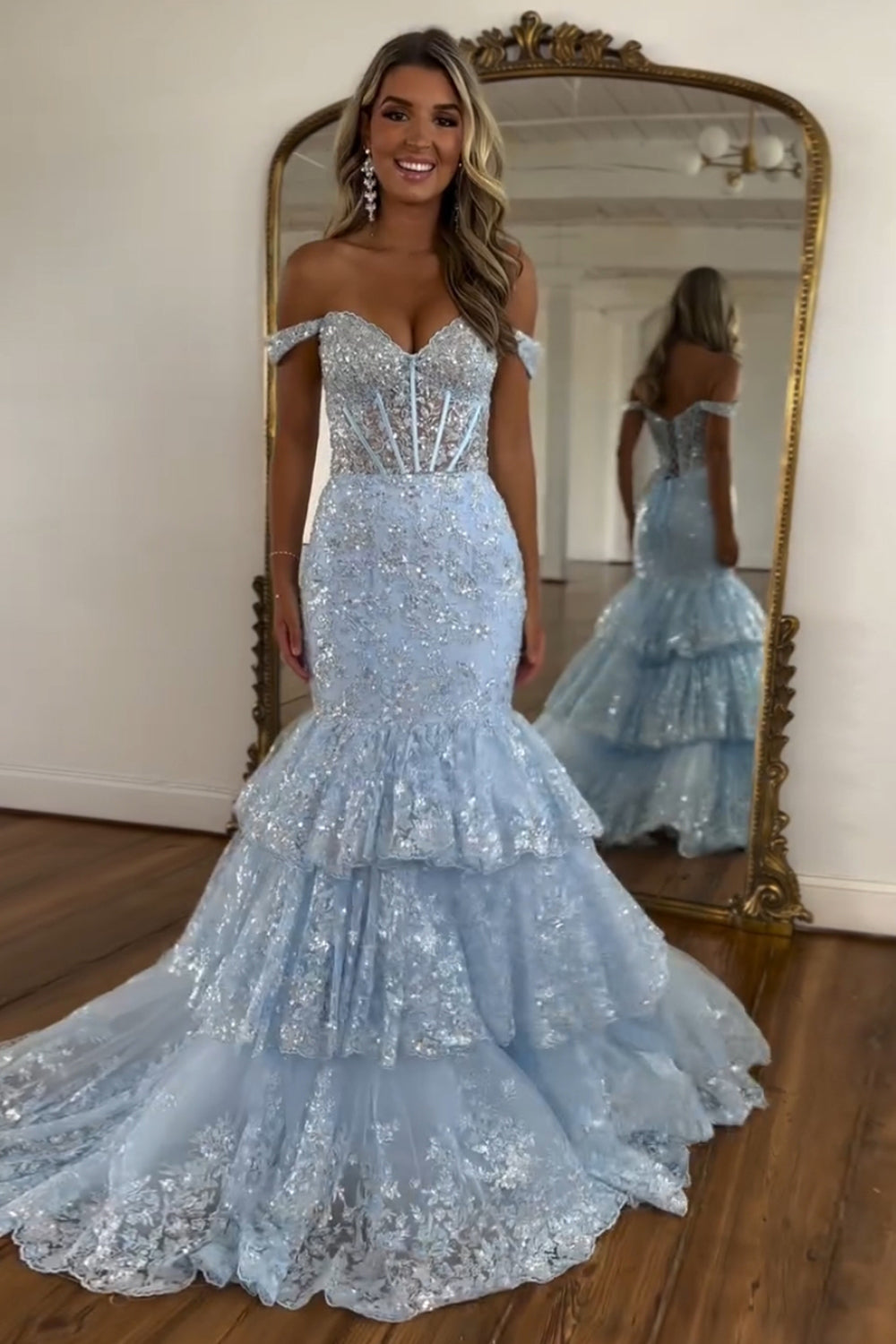 Light blue off-the-shoulder sequin mermaid prom dress