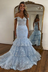 Light blue off-the-shoulder sequin mermaid prom dress