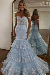 Light blue off-the-shoulder sequin mermaid prom dress