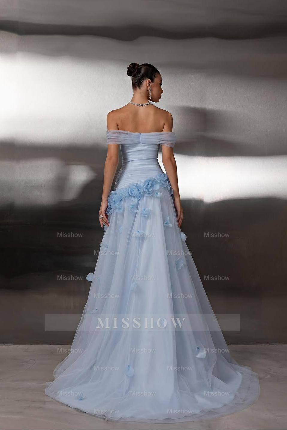 Light Blue Off Shoulder Sleeveless A-Line Tulle 3D Floral Appliques Formal Evening Gown